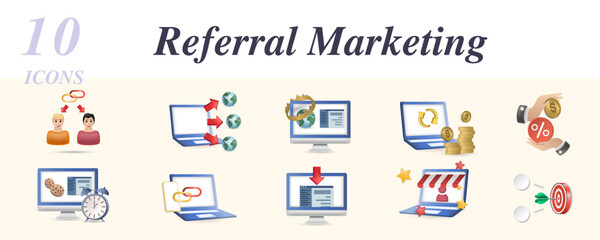 Referral marketing icons set. Creative elements: affiliate link, attribution, authority site, chargeback, commission, cookies lifetime, deep linking, landing page, merchant, niche.