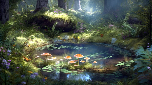 Little pond in the forest with big fairy mushrooms, flowers and fern leaves. AI Generative