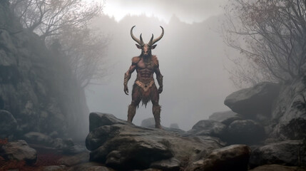 The Minotaur, half man half bull, stands on a rock in an aggressive stance. AI Generative