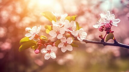 Fototapeta premium Spring border or background art with pink blossom. Beautiful nature scene with blooming tree and sun flare, blossom in spring, pink cherry blossoms, background with flowers, Generative AI