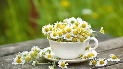 Spring - Chamomile Flowers In Teacup On Wooden Table In Garden, daisies in a cup, chamomile flowers in a cup, Generative AI