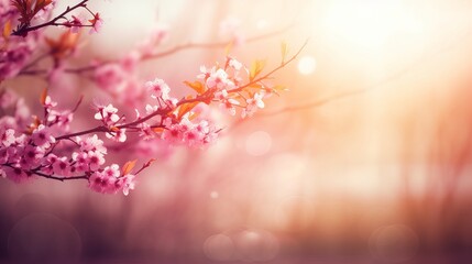 Spring border or background art with pink blossom. Beautiful nature scene with blooming tree and sun flare, blossom in spring, pink cherry blossoms, Generative AI