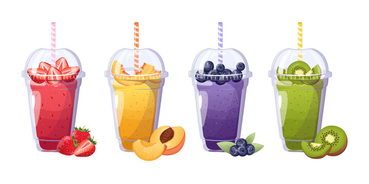 Set of plastic transparent cups with fruits smoothie. Summer drinks. Cup of fruity organic shake. Fruit cocktail. Vector illustration.