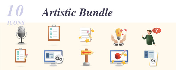 Artistic bundle set. Creative icons: studio, brief, creative process, inspiration, thinking, test, web development, vector, logo design, mobile app.