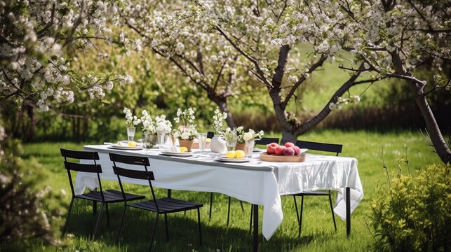 Spring close-up Table With Trees In Blooming And Defocused Sunny Garden In Background, table in the garden, table in garden, Generative AI