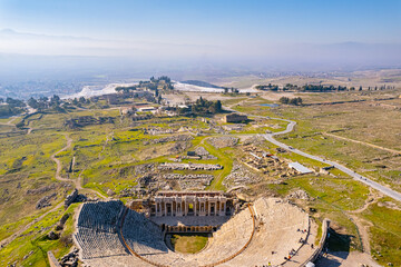 Summer day Pamukkale Ancient amphitheater Turkey, drone aerial top view - obrazy, fototapety, plakaty