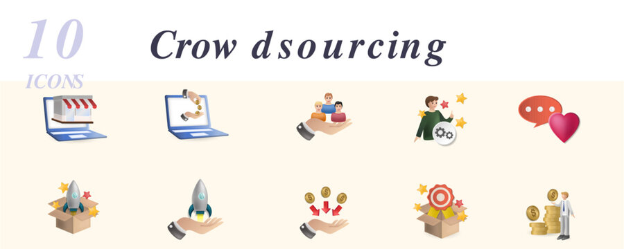 Crowdsourcing set. Creative icons: marketplace, crowdfunding, social participation, creator, feedback, pre-release, launch, fundraising, rewards, backer.
