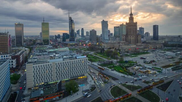 warsaw city timelapse from day to night aerial view,time lapse of business downtown skyline
