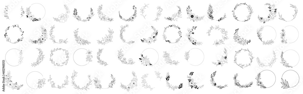 Wall mural Hand drawn floral frames with flowers, branch and leaves. Vector illustration set