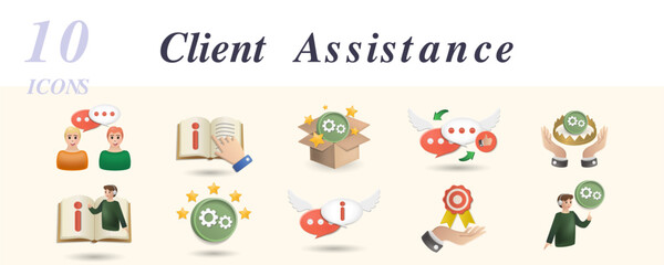 Client assistance set. Creative icons: discussing, manual, solution, feedback, premium service, help desk, ratings, chat help, loyalty, technical support.