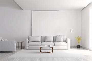 interior background scandinavian decoration living couch concrete wall light pillow trendy contemporary. Generative AI.