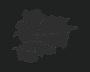 High quality vector Map of Andorra. Editable illustration in detail with borders of the regions. Isolated on dark grey background with light blue color.