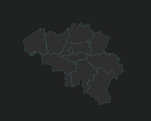 High quality vector Map of Belgium. Editable illustration in detail with borders of the regions. Isolated on dark grey background with light blue color.