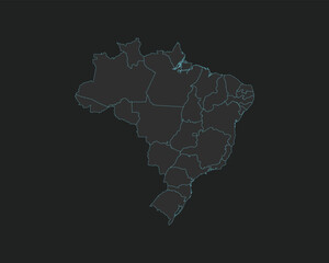 Obraz premium High quality vector Map of Brazil. Editable illustration in detail with borders of the regions. Isolated on dark grey background with light blue color.