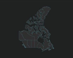 High quality vector Map of Canada. Editable illustration in detail with borders of the regions. Isolated on dark grey background with light blue color.