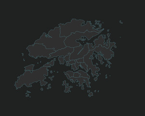 High quality vector Map of Hong Kong. Editable illustration in detail with borders of the regions. Isolated on dark grey background with light blue color.