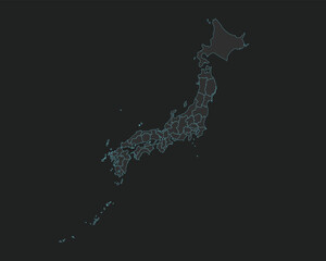 High quality vector Map of Japan. Editable illustration in detail with borders of the regions. Isolated on dark grey background with light blue color.