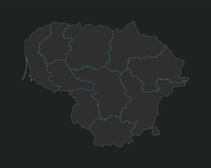High quality vector Map of Lithuania. Editable illustration in detail with borders of the regions. Isolated on dark grey background with light blue color.