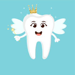 Cute cartoon tooth fairy with crown and magic wand.