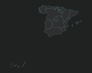 High quality vector Map of Spain. Editable illustration in detail with borders of the regions. Isolated on dark grey background with light blue color.