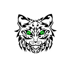 graphic vector illustration of tribal art face cat with green eyes suitable for tattoos, logos and others
