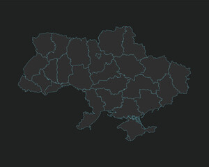High quality vector Map of Ukraine. Editable illustration in detail with borders of the regions. Isolated on dark grey background with light blue color.