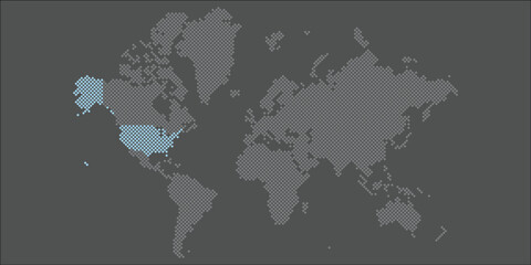 High quality flat vector World Map with US marked in blue. Editable illustration in detail with national borders of the countries. Isolated on dark grey background with light blue color.