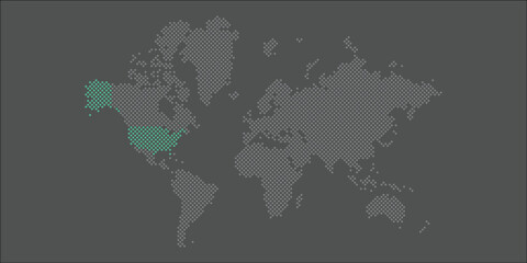 High quality flat vector World Map with USA marked in green. Editable illustration in detail with national borders of the countries. Isolated on dark grey background with light blue color.