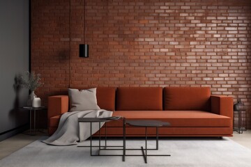 interior background style wall empty luxury brick wall three-dimensional sofa indoor apartment pillow modern. Generative AI.