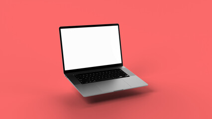 Modern laptop with transparent display in front of red background