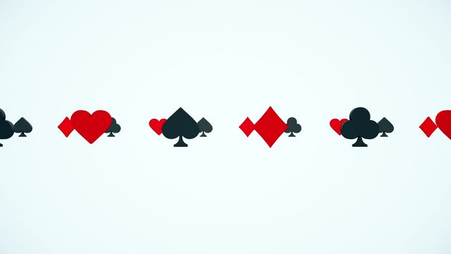 Animation of 3D render of four playing card suits heart, spade, diamond and club, 4K abstract gambling loop background