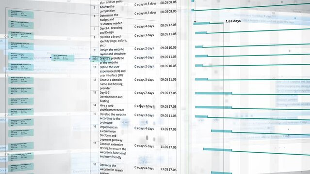 Graphs and charts are moving on a transparent screen against the background of the development roadmap. Research and inventive activity. Business concept development. Double exposure and cg