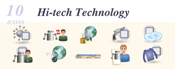 Hi-tech technology set. Creative icons: nanobot, cyborg, space tourism, hi-tech weapon, nano contact lenses, cybernetics, space drones, personal robot, smart clothing.