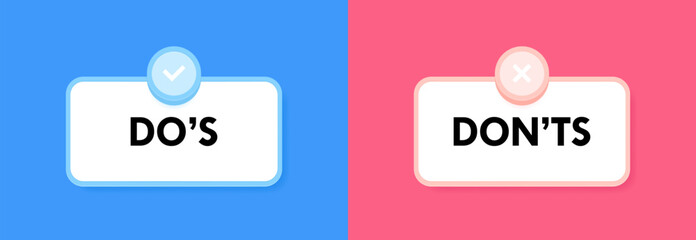 Do's and don'ts geometric pop up box with check and cross mark emblem. Banner design for business, questions and answers. Vector illustration