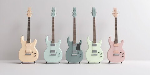 Set of electric guitars on the floor against a wall, 3d render, yellow, pink, white, grey, green electric guitars
