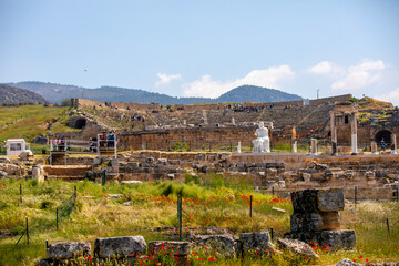 colonnade on the main street of ancient ruined city Hierapolis in Turkey