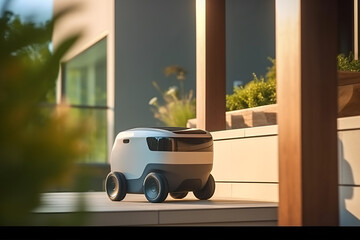 Delivery service robot at house enterance. AI generative