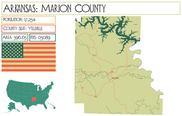 Large and detailed map of Marion County in Arkansas, USA.