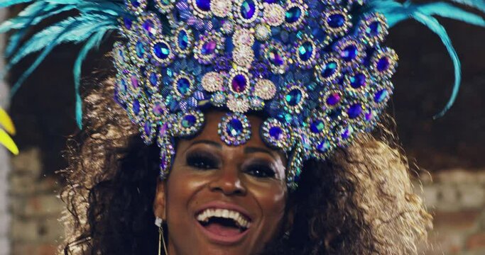 Dance, festival and makeup with woman in carnival costume for celebration, energy and samba in Brazil. Party, music and performance with female dancer for culture, fashion and parade show