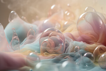 Abstract wallpaper with shiny multicolored bubbles and magical colored smoke. A creative screen saver or background, a concept of lightness and imagination. Generative AI professional photo imitation.