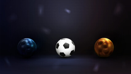 Fototapeta premium Collection of soccer balls isolated on dark background. Set of football balls