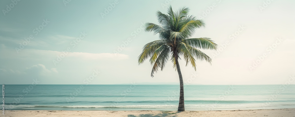 Wall mural lonely palm tree on the beach near the ocean with copy space