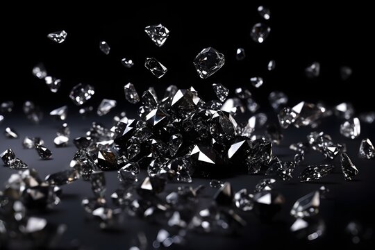 close up view of shiny diamonds scattered on black background, ai tools generated image