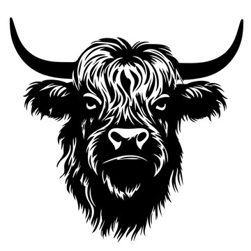 Funny wildlife animal portrait smbol for logo vector illustration - Black silhouette of scottish highland cattle, isolated on white background (Generative AI)