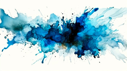 Watercolor paint splash. Blue color. Ai illustration, generative ai, artificial intelligence artwork
