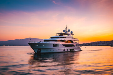 Fototapeta na wymiar Luxury yacht sailing in the ocean on summer vacation at sunset. Generative AI