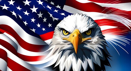 Eagle on the background of the American flag. Generative AI.