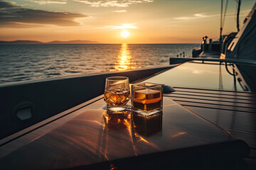 View from a table with whiskey from luxury yacht in sunset. Having fun on luxury boat sailing in the ocean on summer vacation. Generative AI - obrazy, fototapety, plakaty