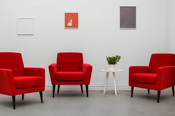 red armchairs in front of the white wall in the living room - generative ai
