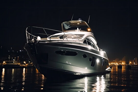 Luxury yacht in the marina on summer vacation, nighttime, cityscape in background. Generative AI